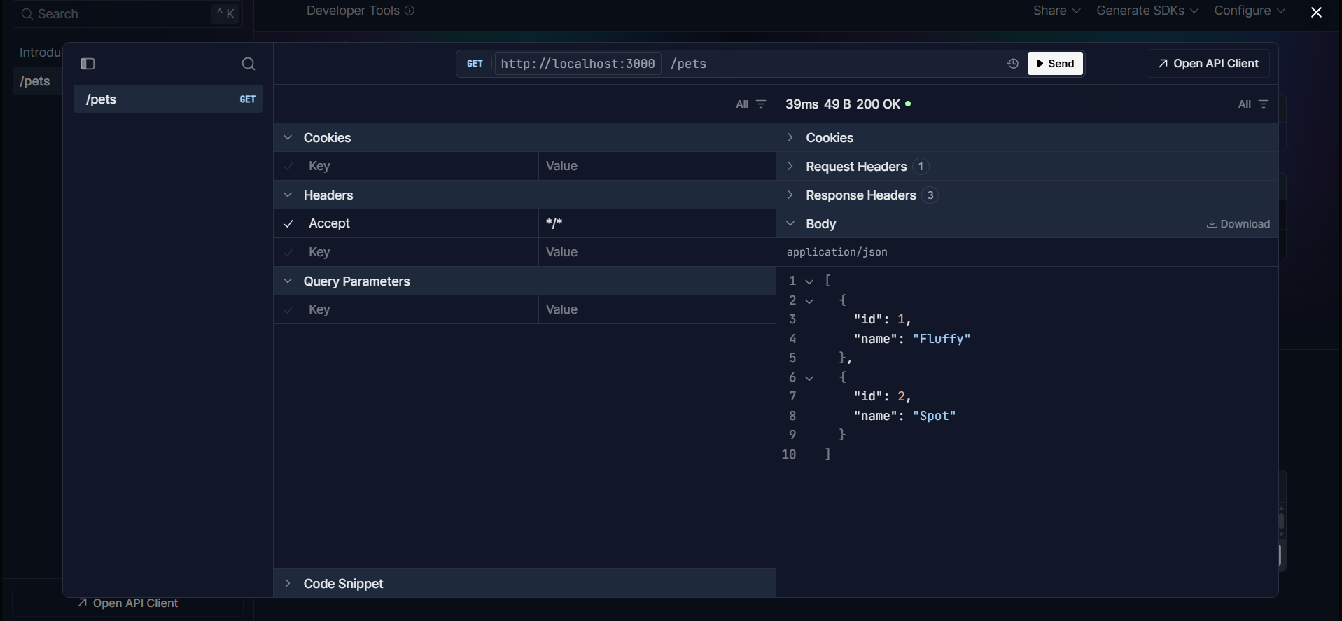 testing the pets api endpoint with openapi