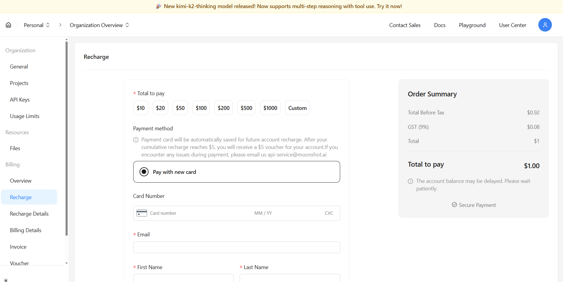 recharge your moonshot ai account