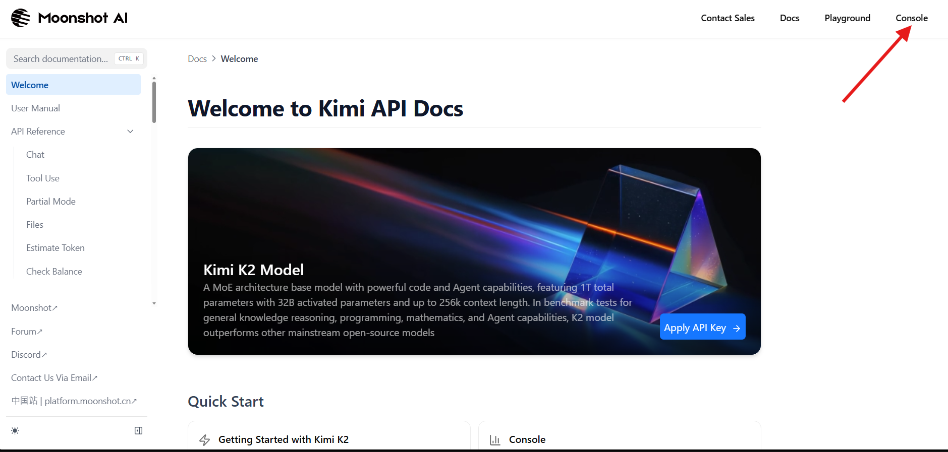 navigate to moonshot ai console