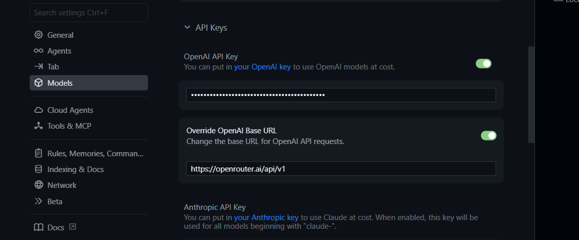 configure cursor to work with openrouter api and base url