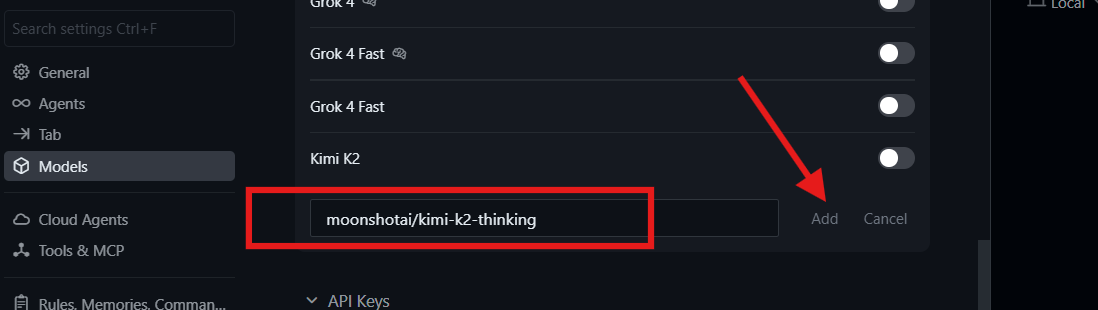 add kimi-k2-thinking model to cursor