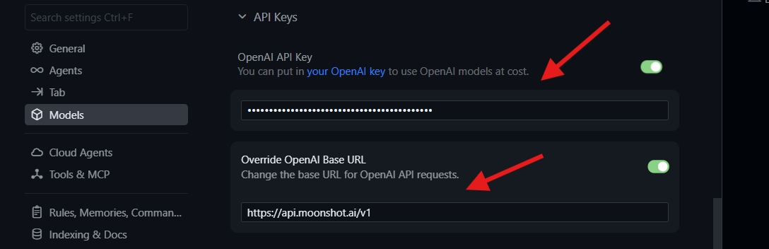 configure cursor with moonshotai api key