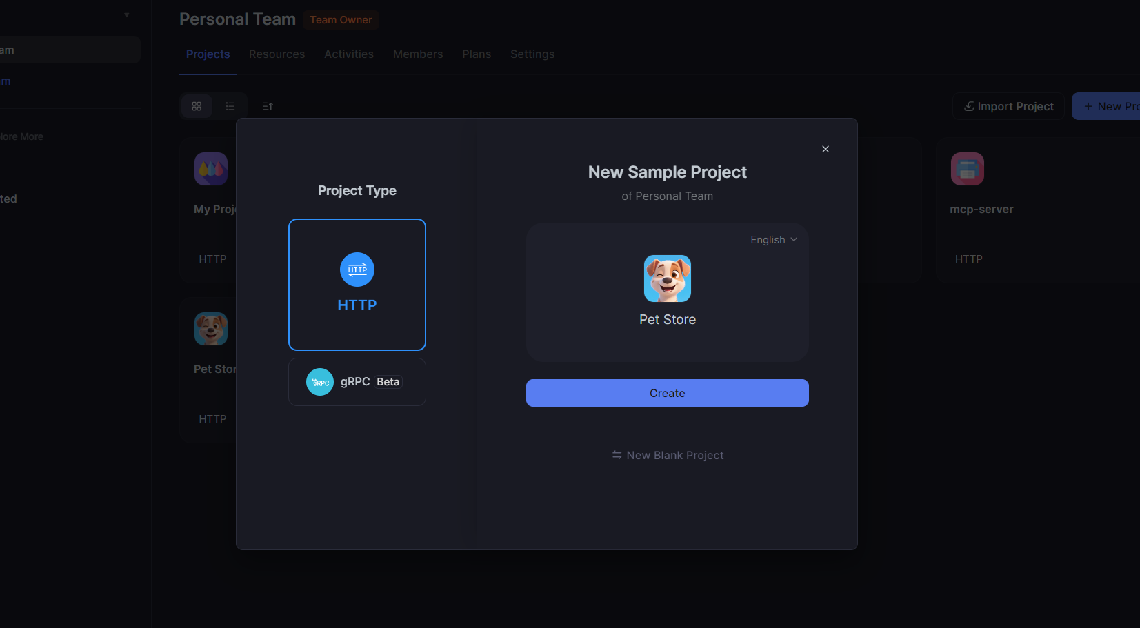 creating a new project in Apidog