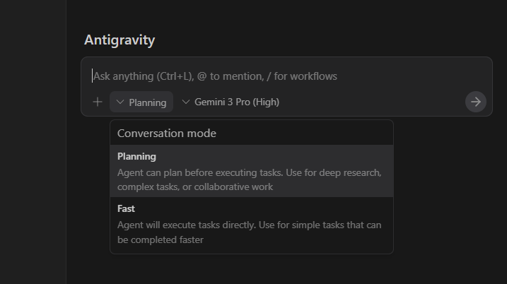 antigravityエージェントの会話モード