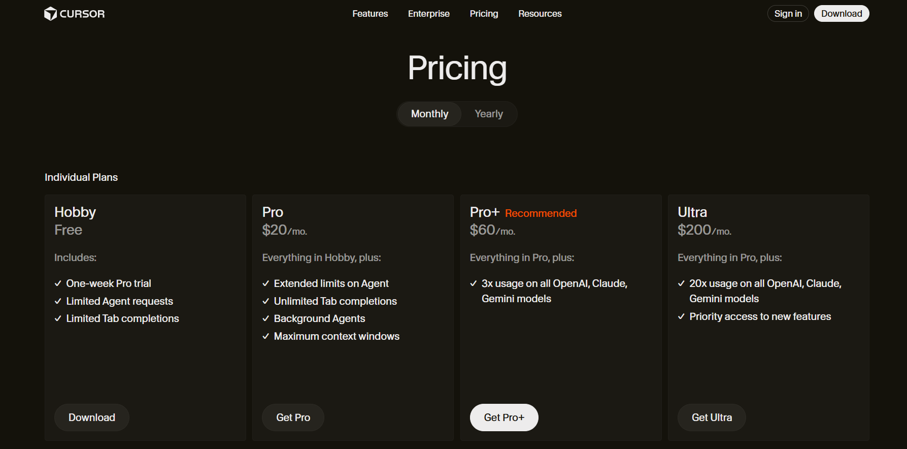 cursor pro plan pricing