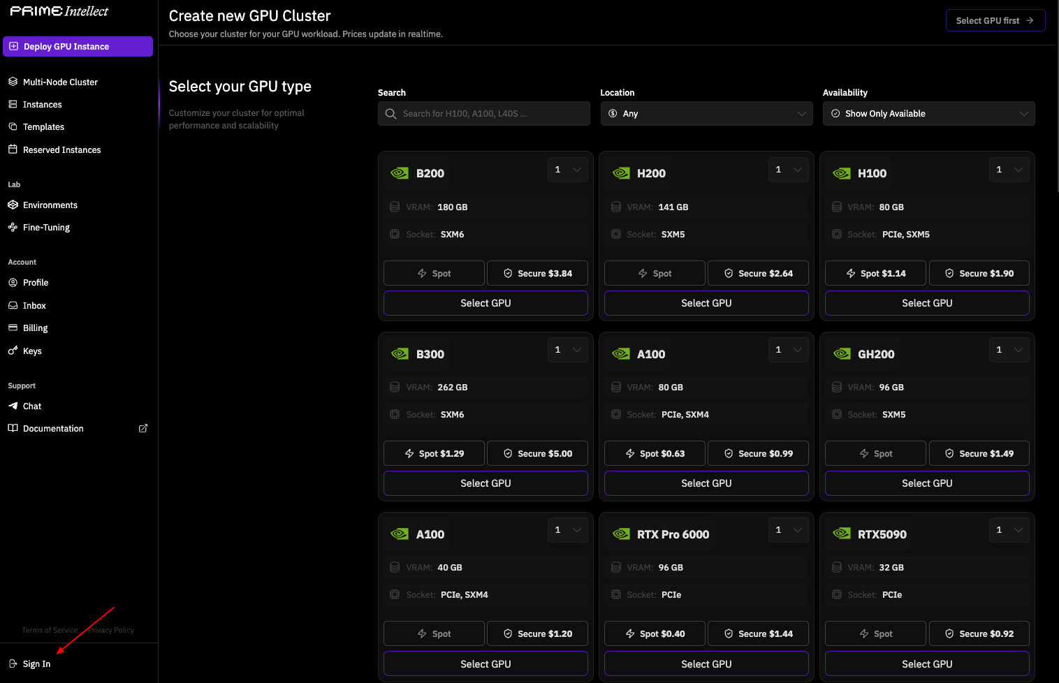 Prime Intellectダッシュボードのログイン