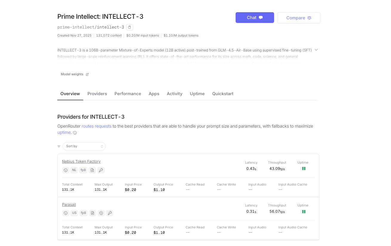 OpenRouter INTELLECT-3モデルページ