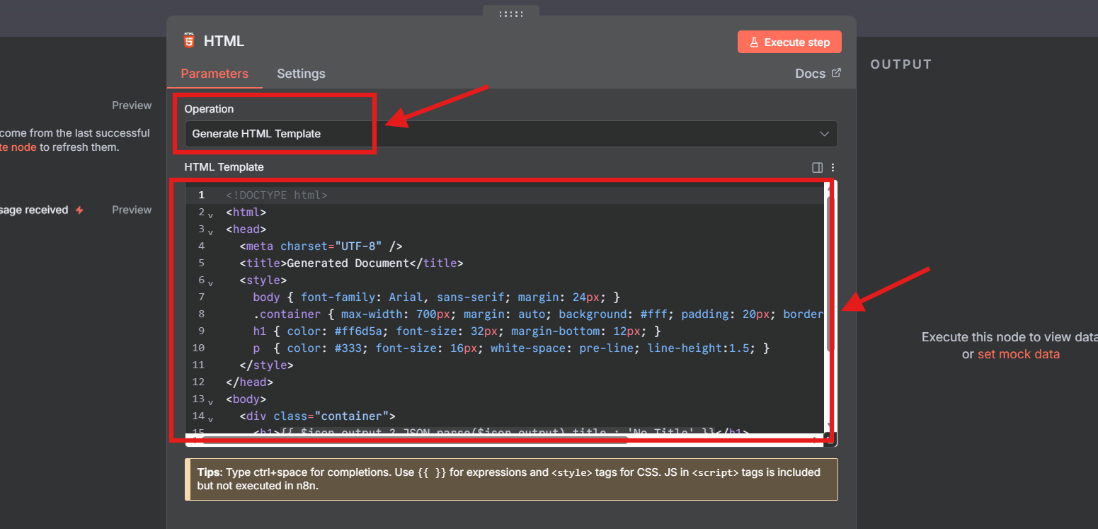 create a custom html template in n8n
