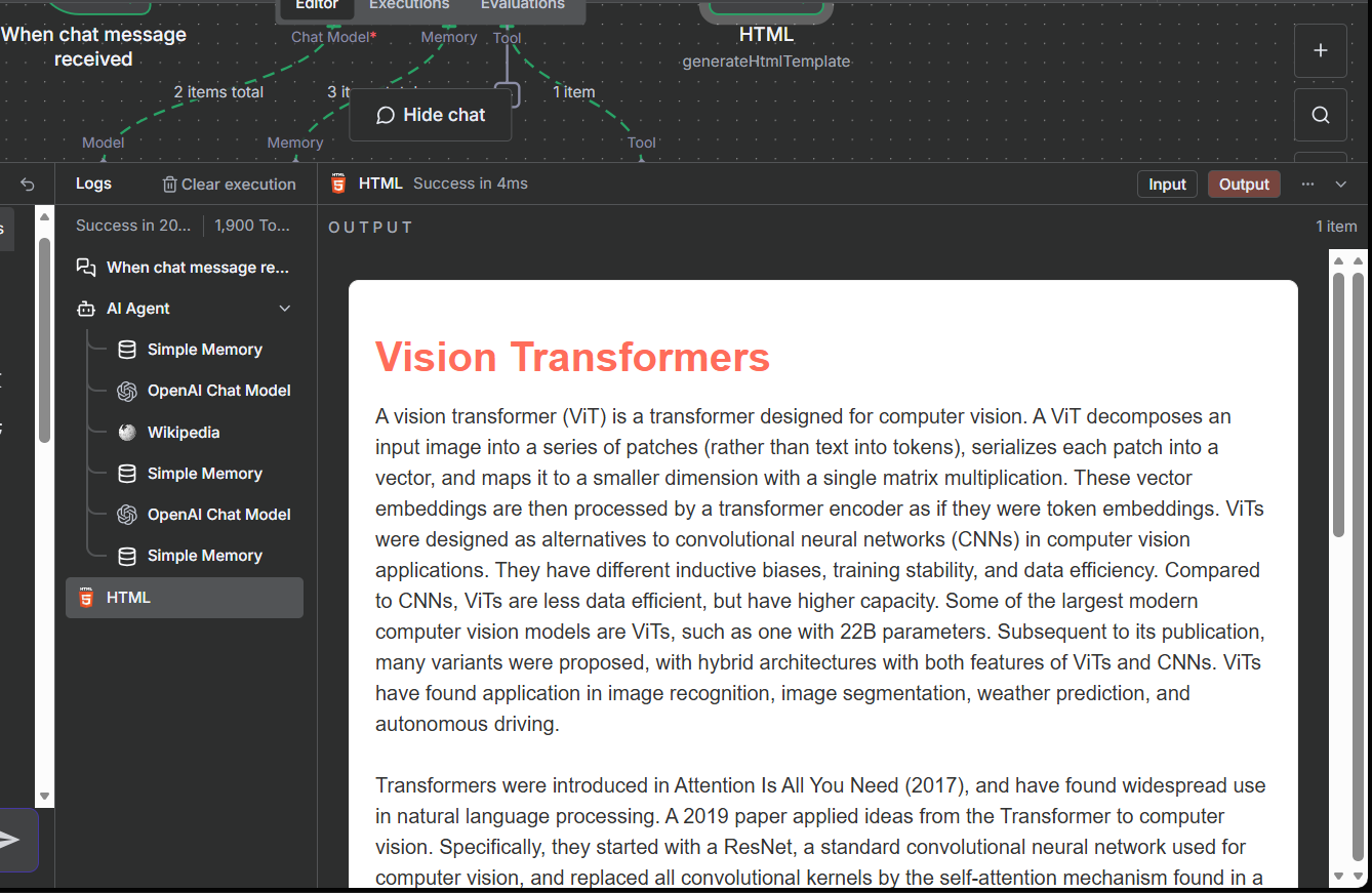 view the output of a custom n8n workflow