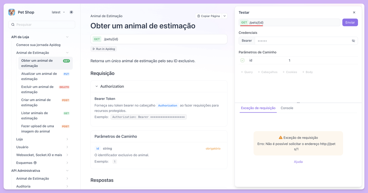 erros de solicitação ao enviar requisição de endpoint