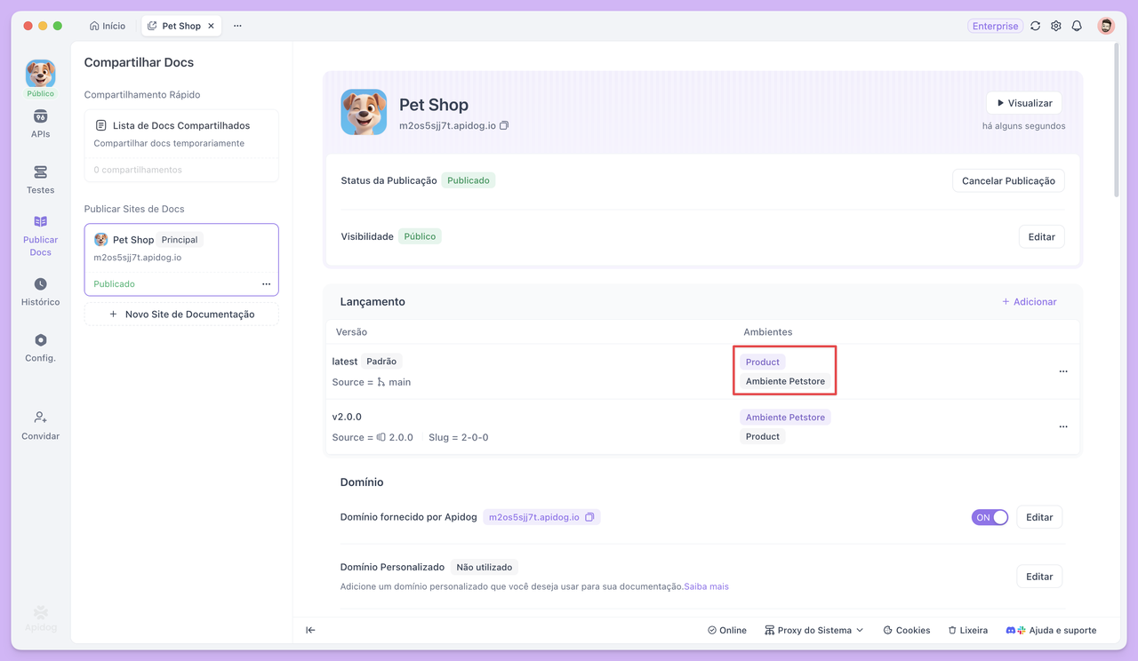 definir múltiplos ambientes de execução para documentação de API online
