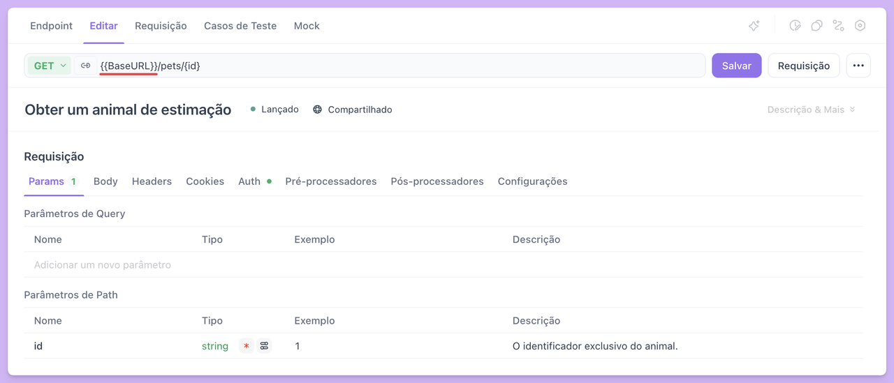 definir variáveis diretamente no endpoint