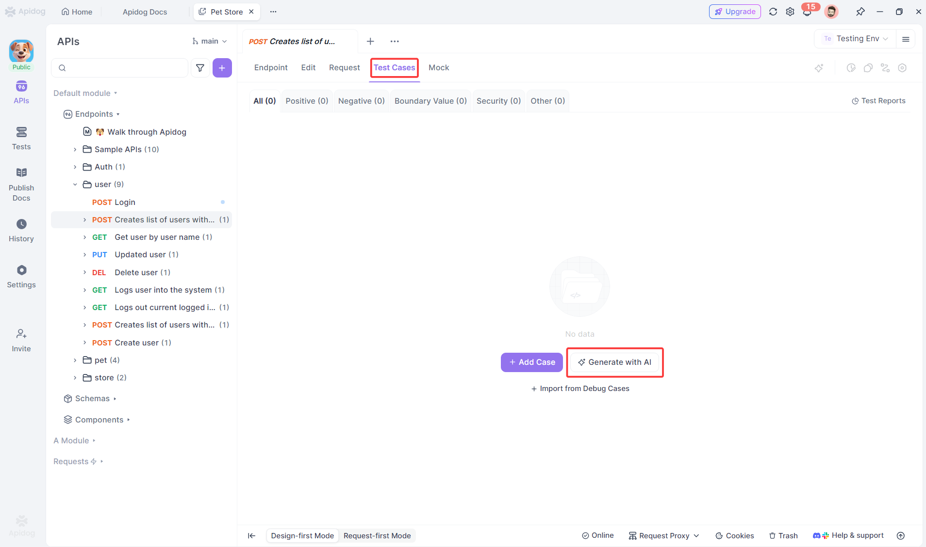 generate test cases with ai in apidog