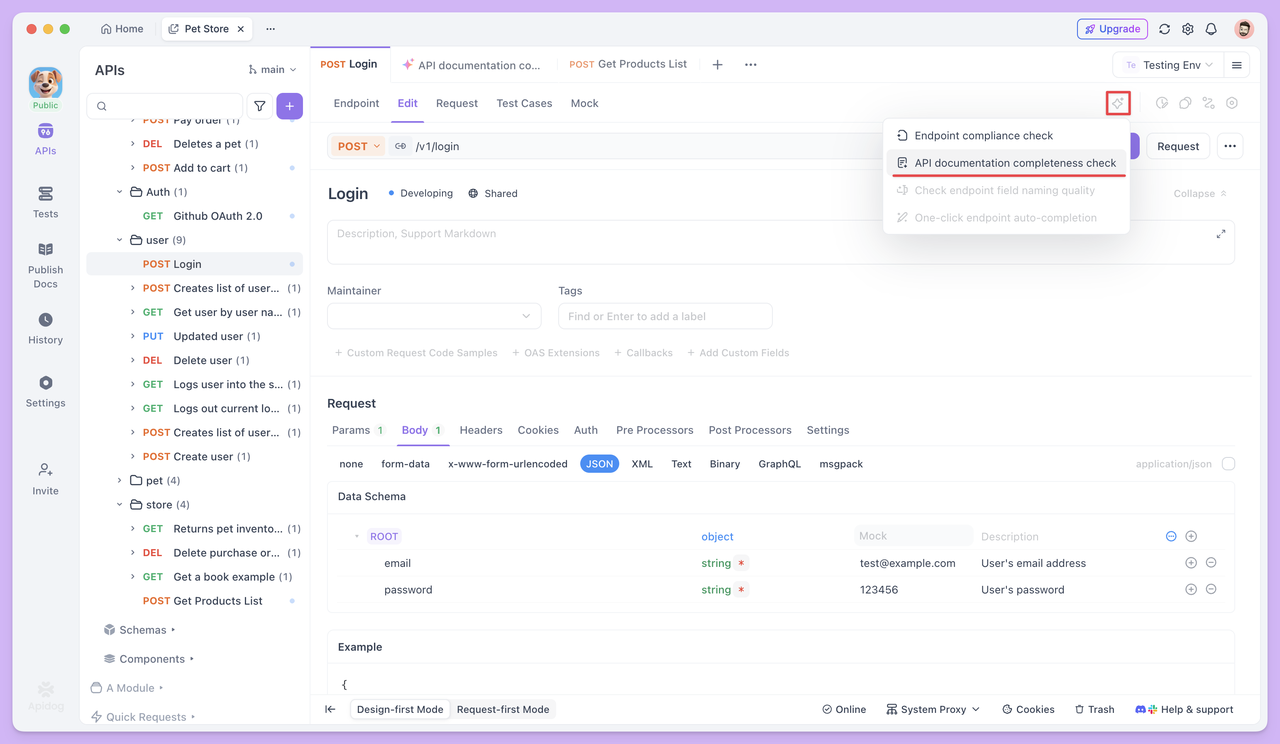 API documentation completeness check in Apdiog