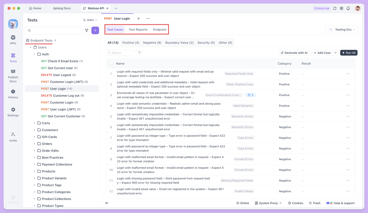 endpoint test in Apidog