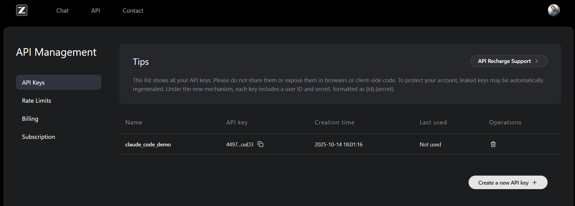 create a new api key
