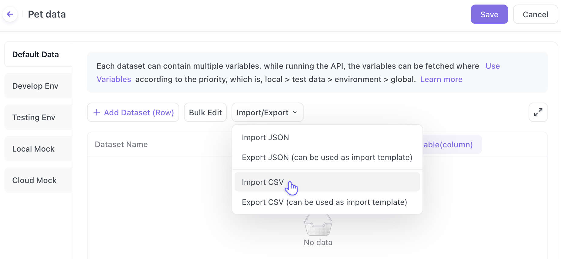 importing CSV or JSON data for API testing