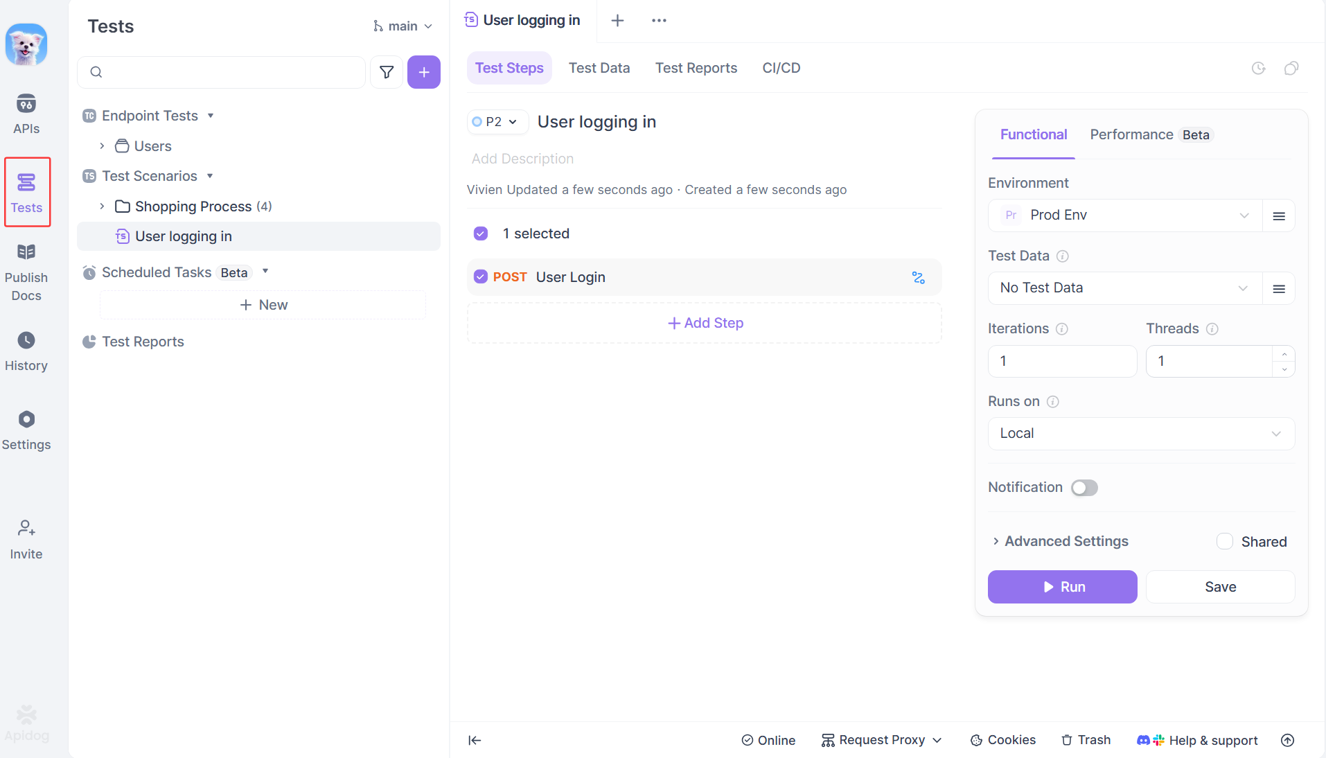 Test dashboard in Apidog