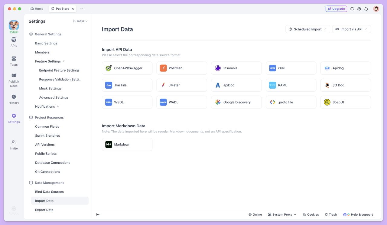 Import methods supported in Apidog