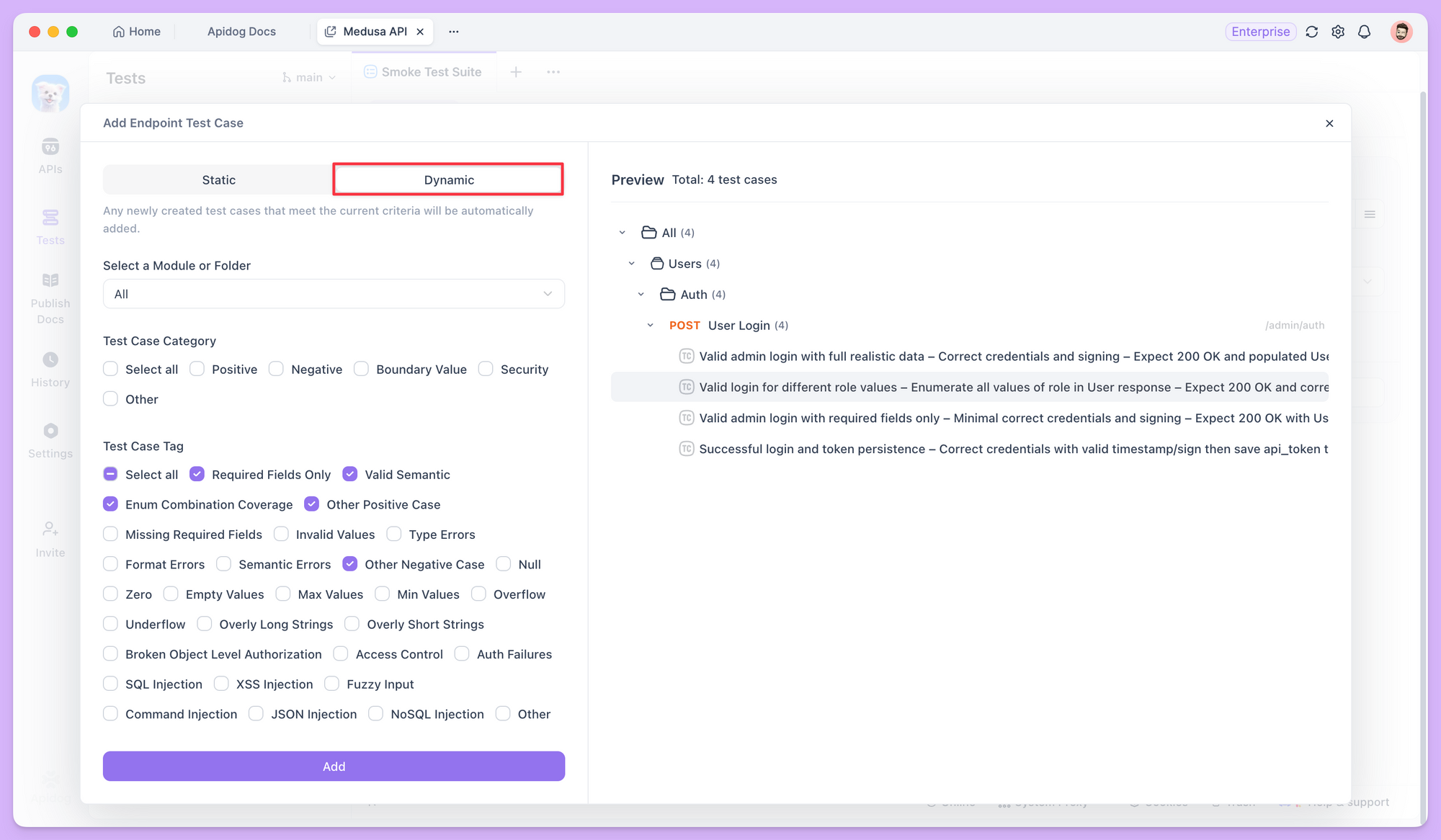 dynamic mode in Apidog test suite