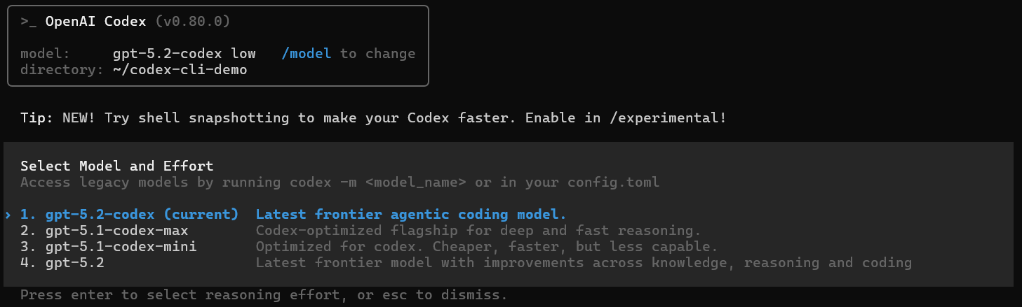 switch models in codex cli