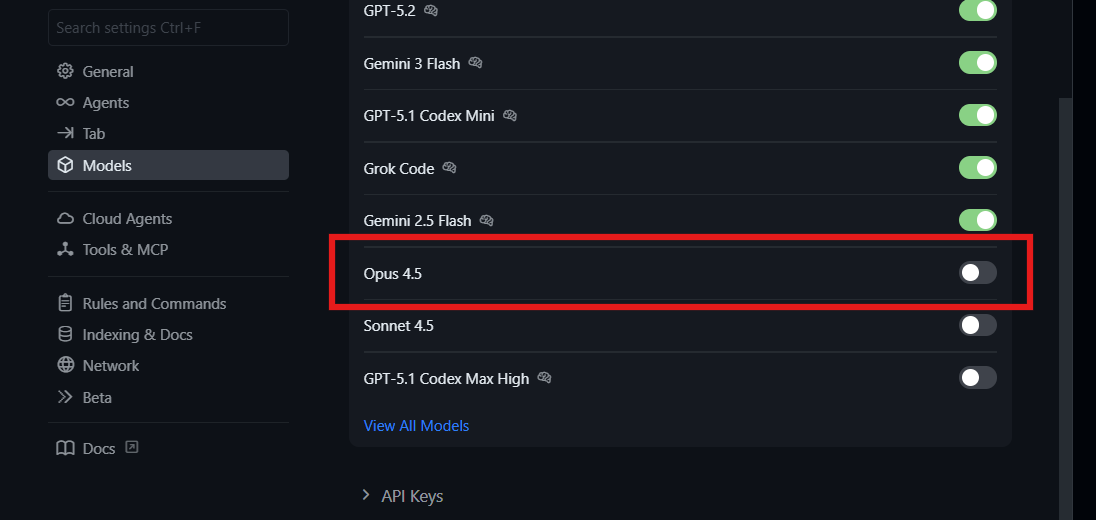 turn on opus 4.5 model in settings