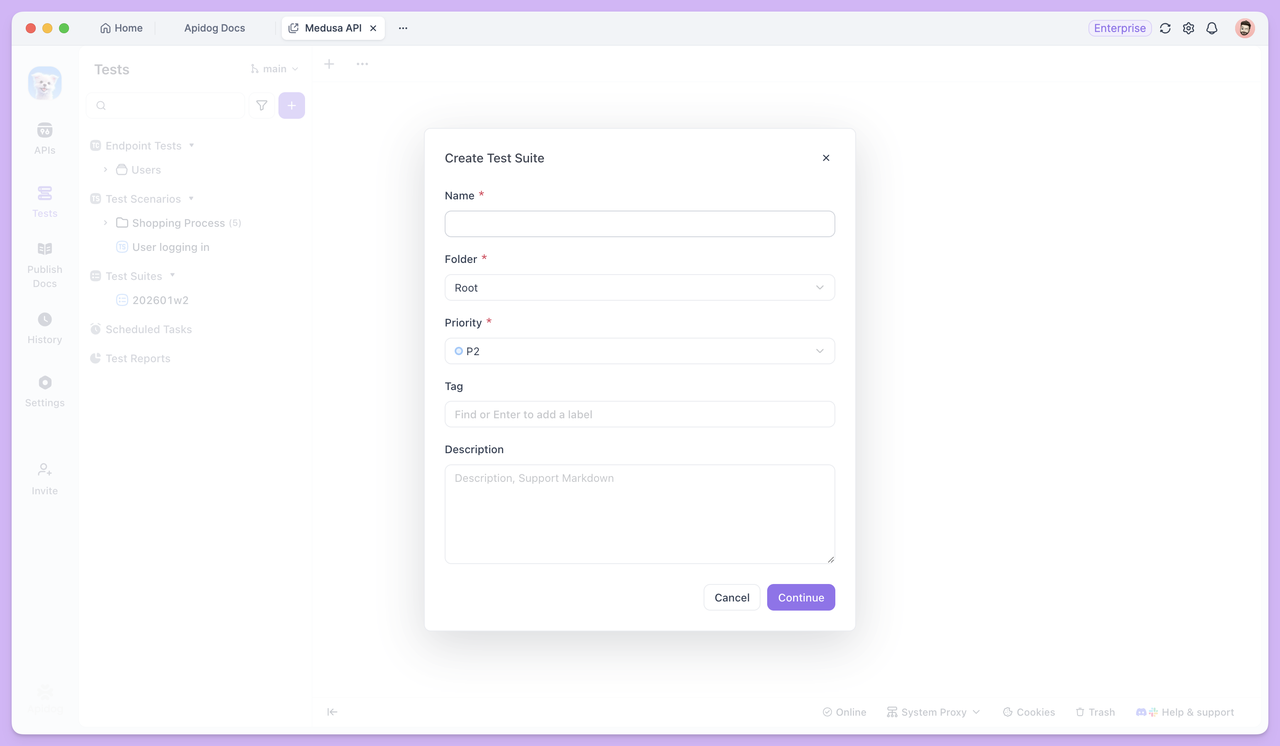 name test suites in Apidog