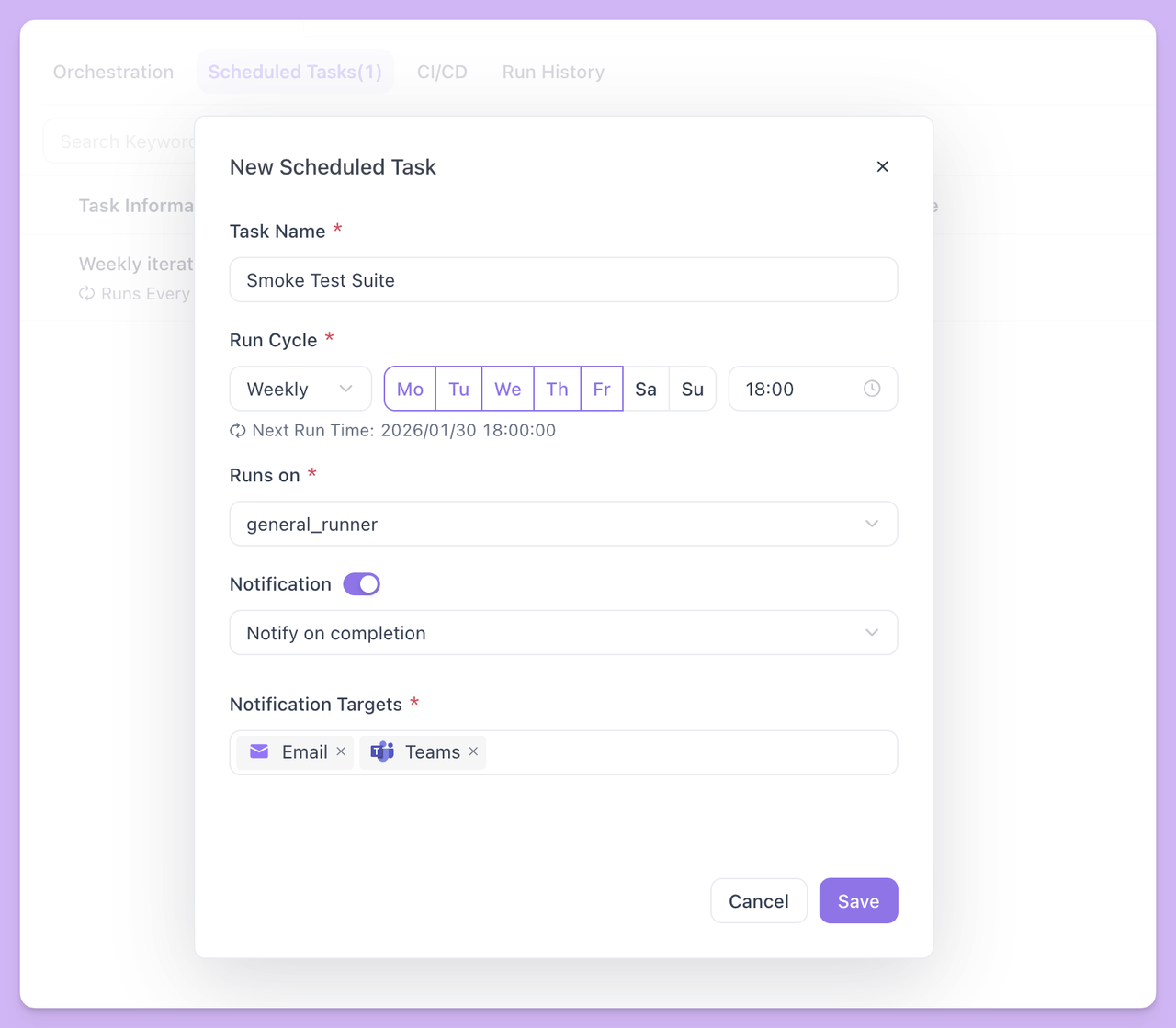 scheduled task configuration for test suites