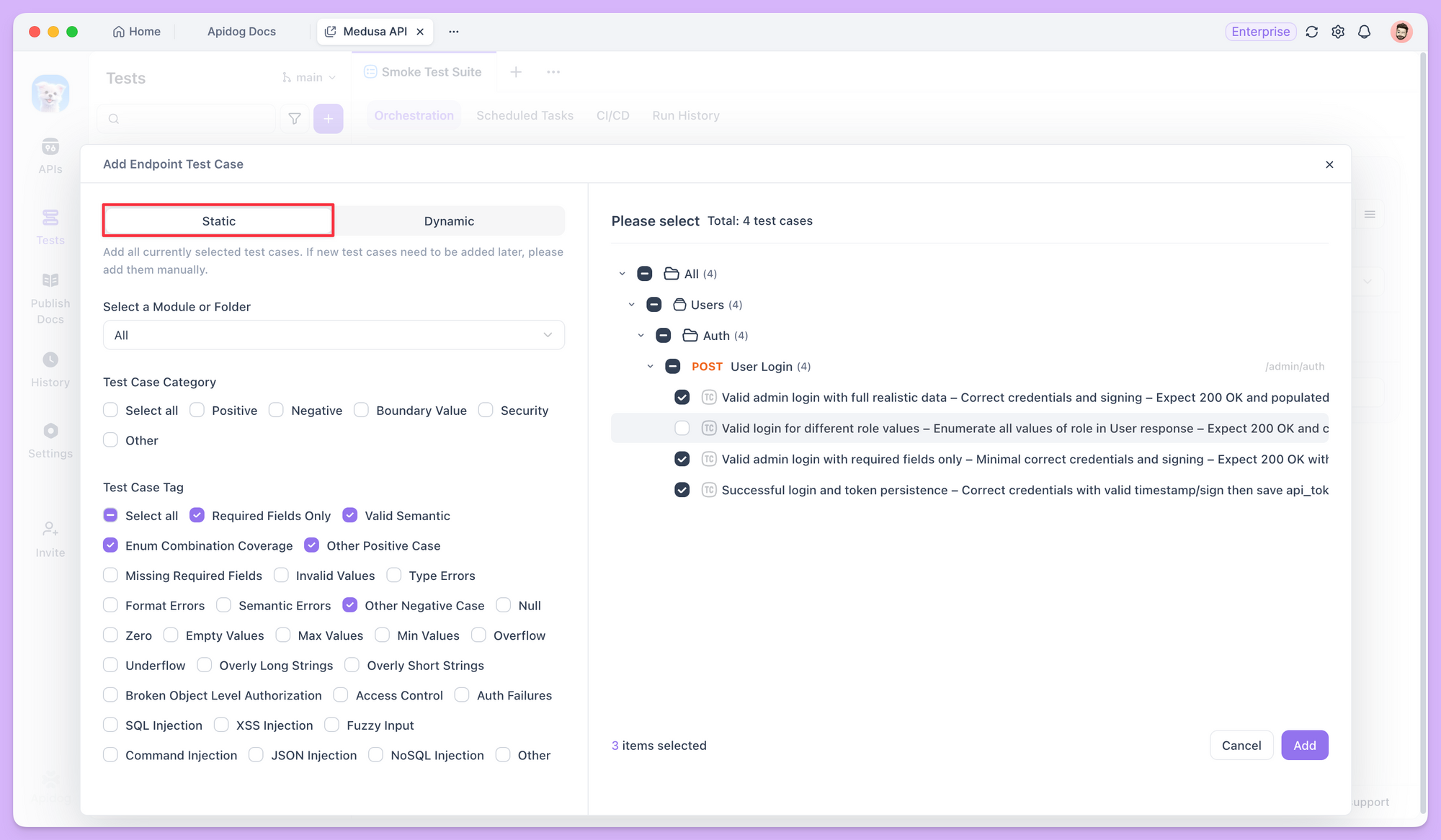 static mode in Apidog test suite