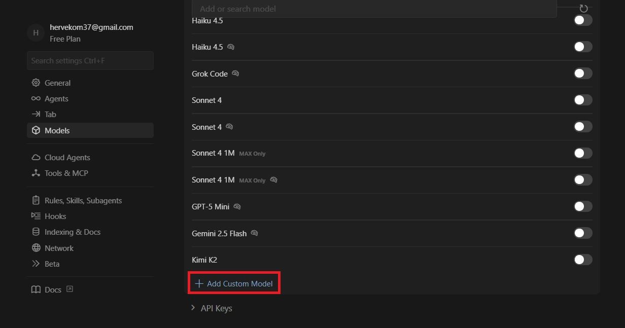 custom model in Cursor