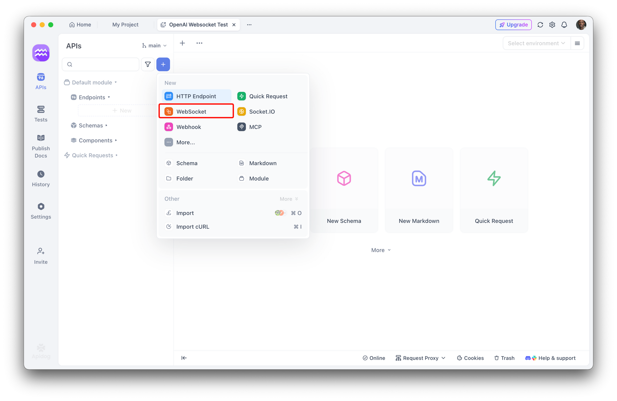 Create WebSocket Request In Apidog
