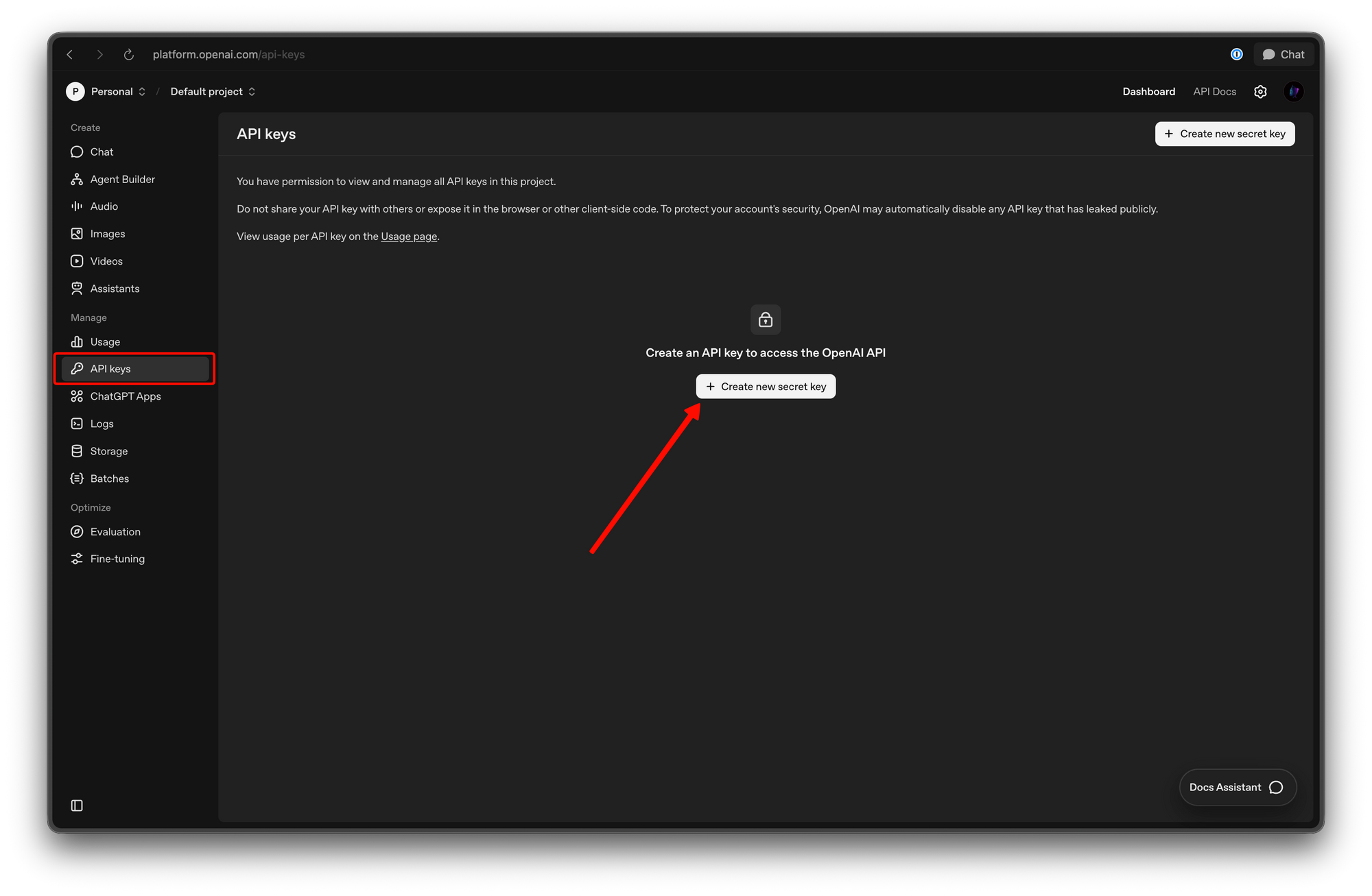 Generate Your API Key on OpenAI dev platform