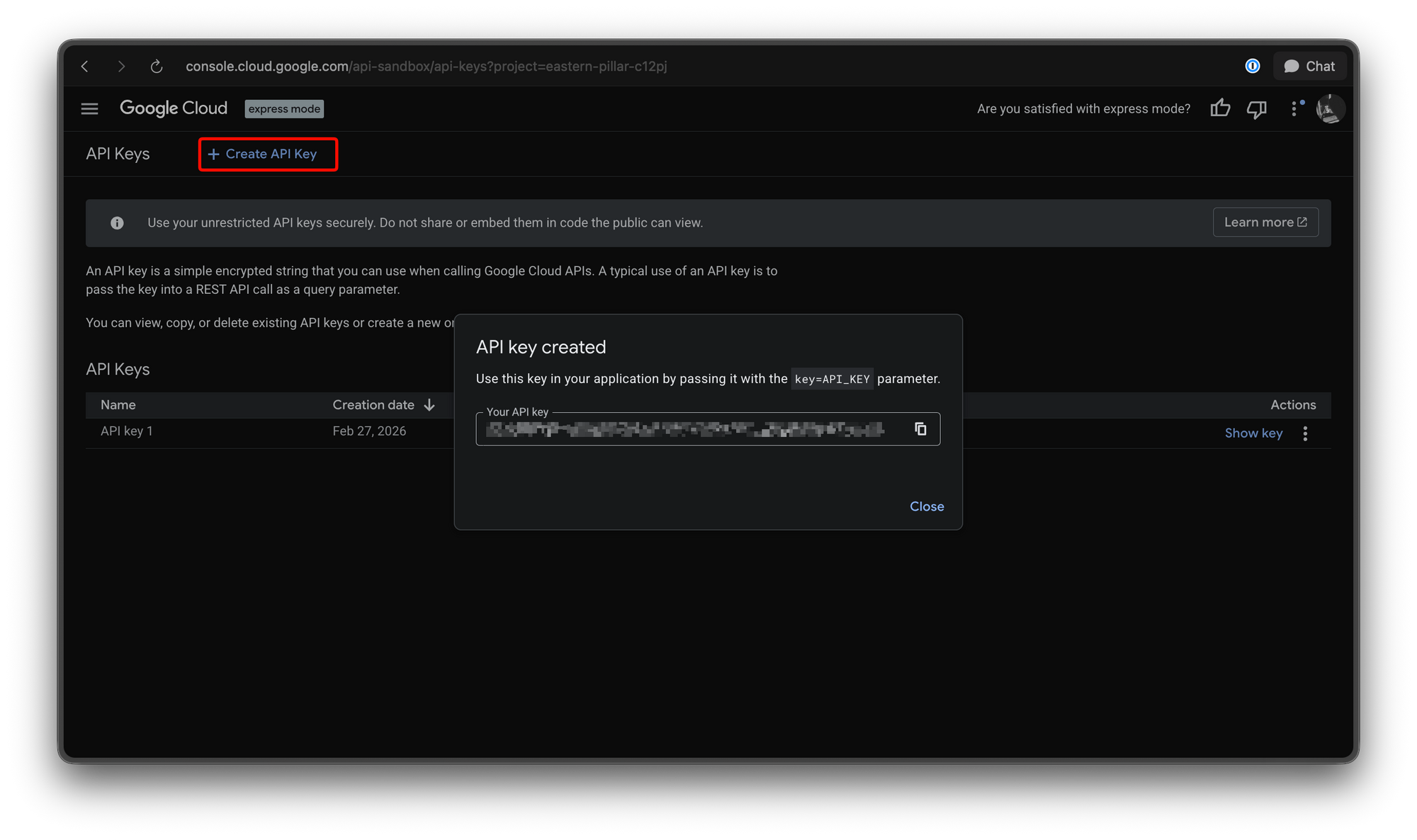 Create API key In google Cloud project