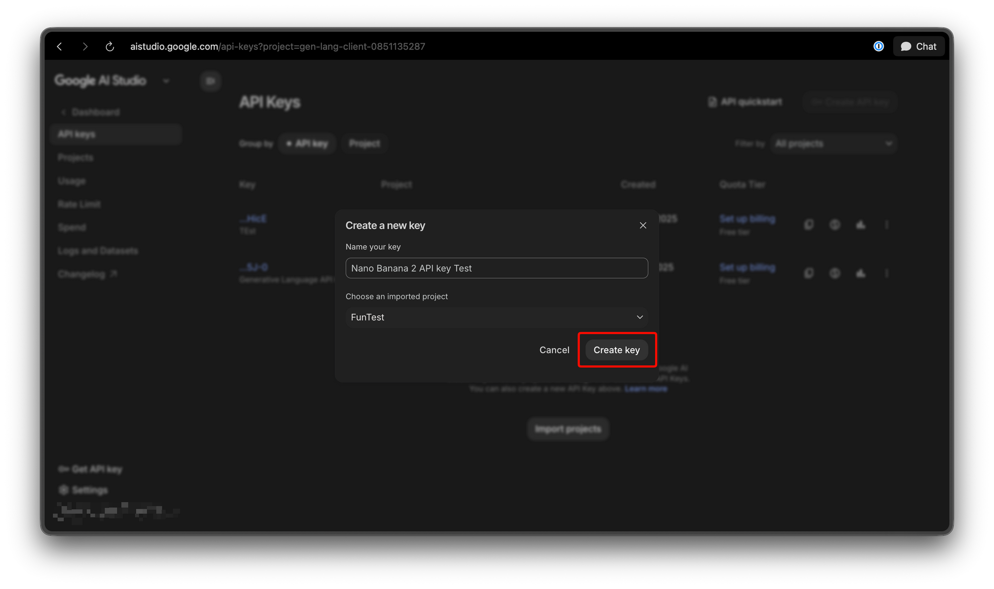 Create API key in Google AI Studio 