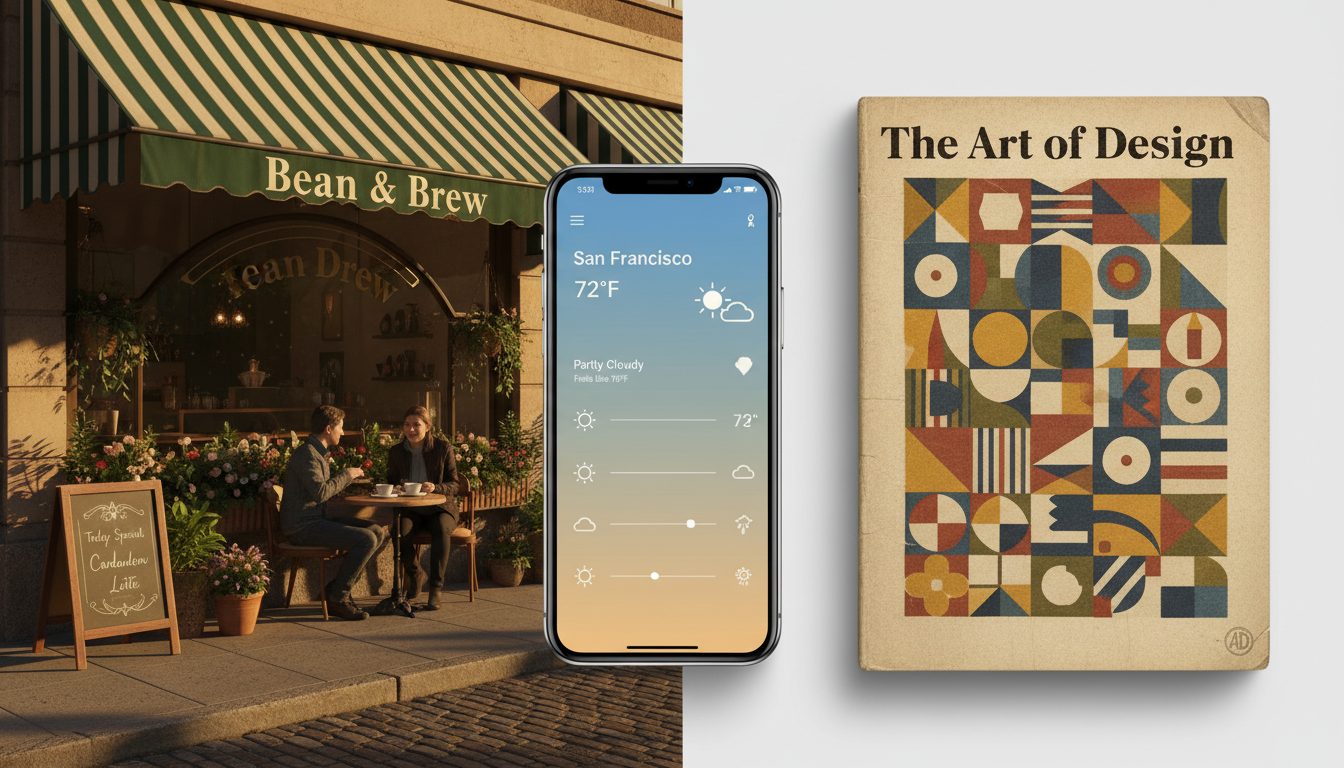 Prompt: A coffee shop storefront with "Bean & Brew" sign on the awning, warm afternoon light A vintage book cover titled "The Art of Design" with abstract geometric patterns A modern mobile app interface showing a weather app with "San Francisco 72°F" on screen