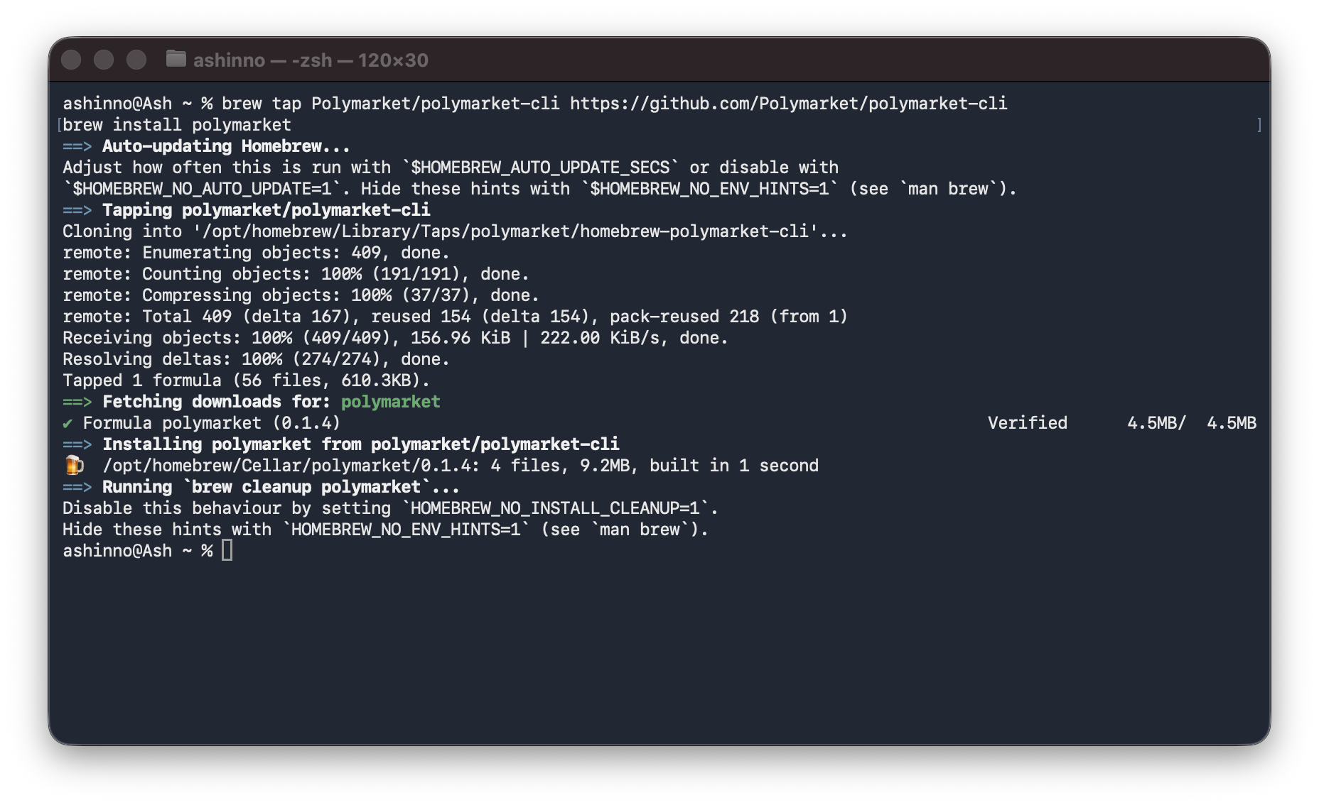 Installation of Polymarket CLI using Homebrew