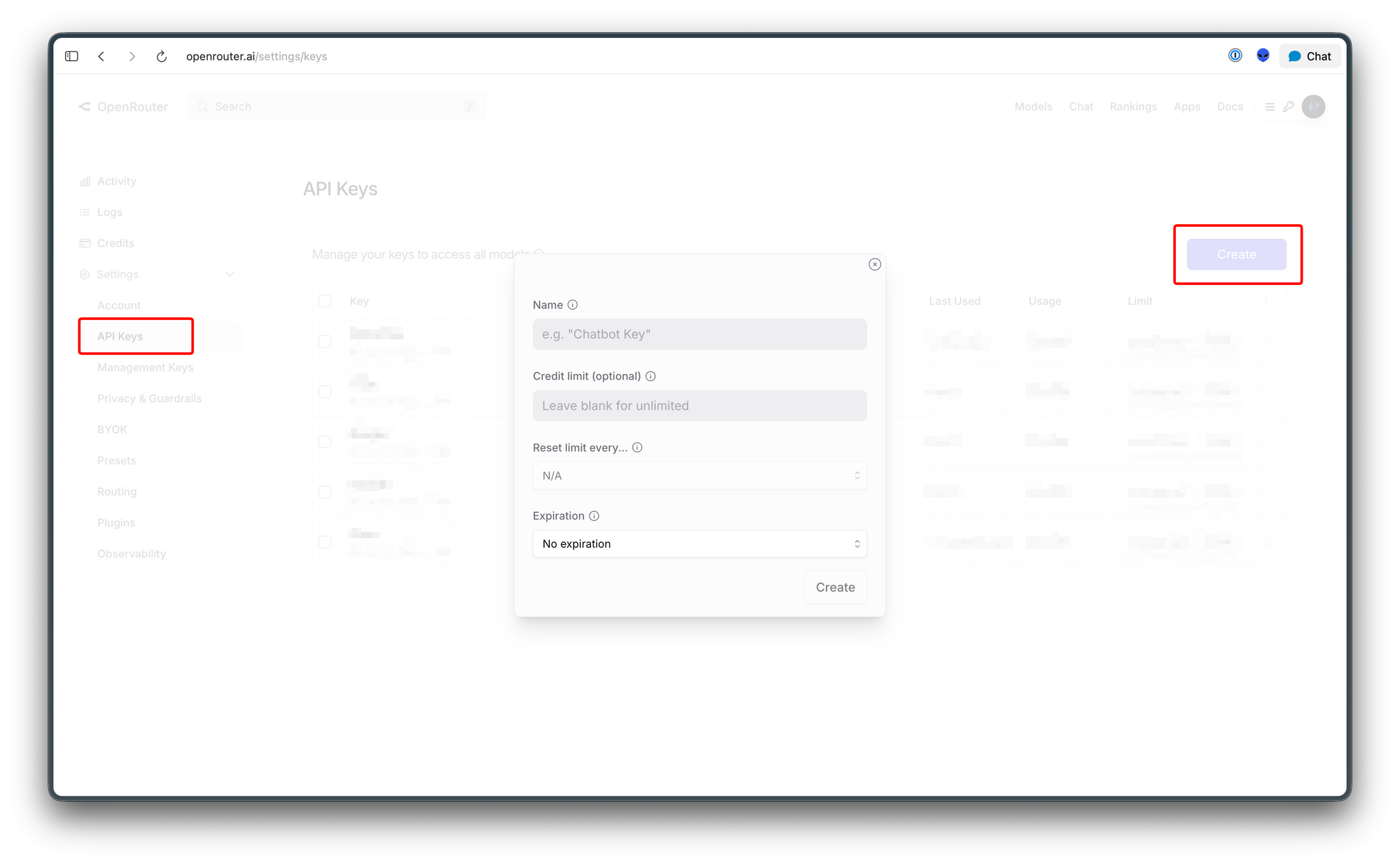 Screenshot of OpenRouter API Key generation page