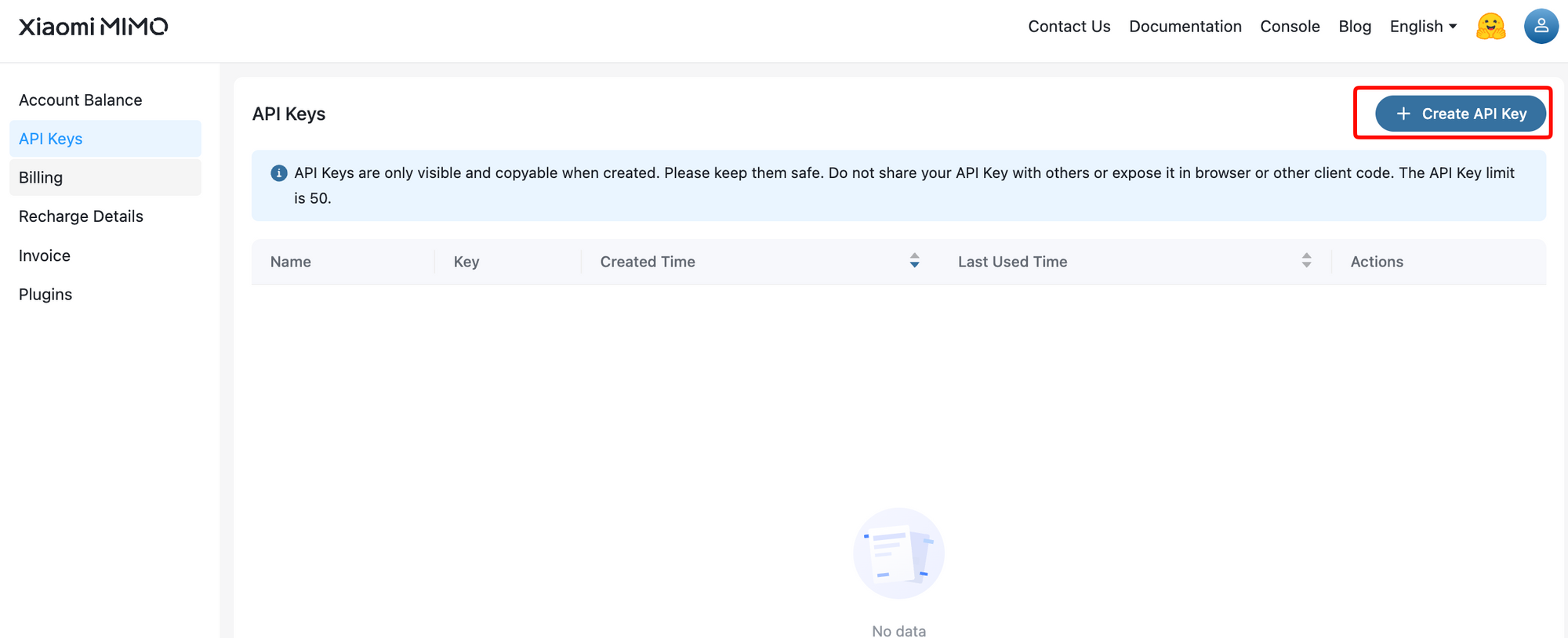 Screenshot of Xiaomi MiMo Platform API management page