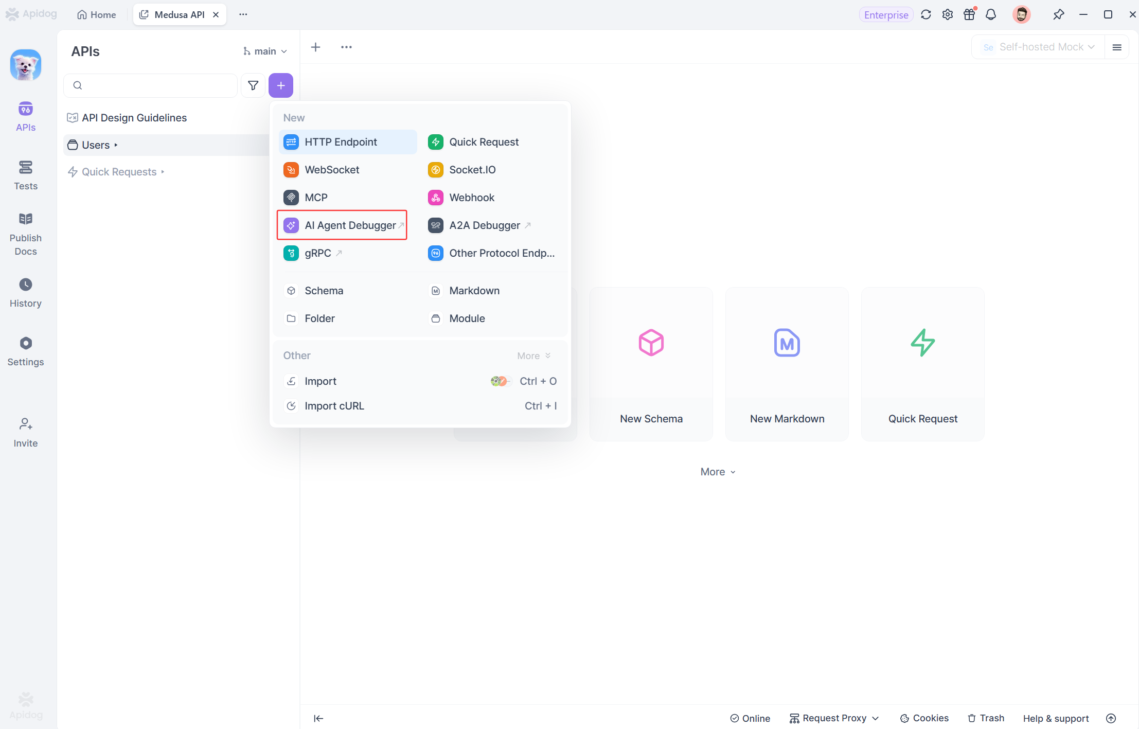 Apidog's built-in AI agent debugger