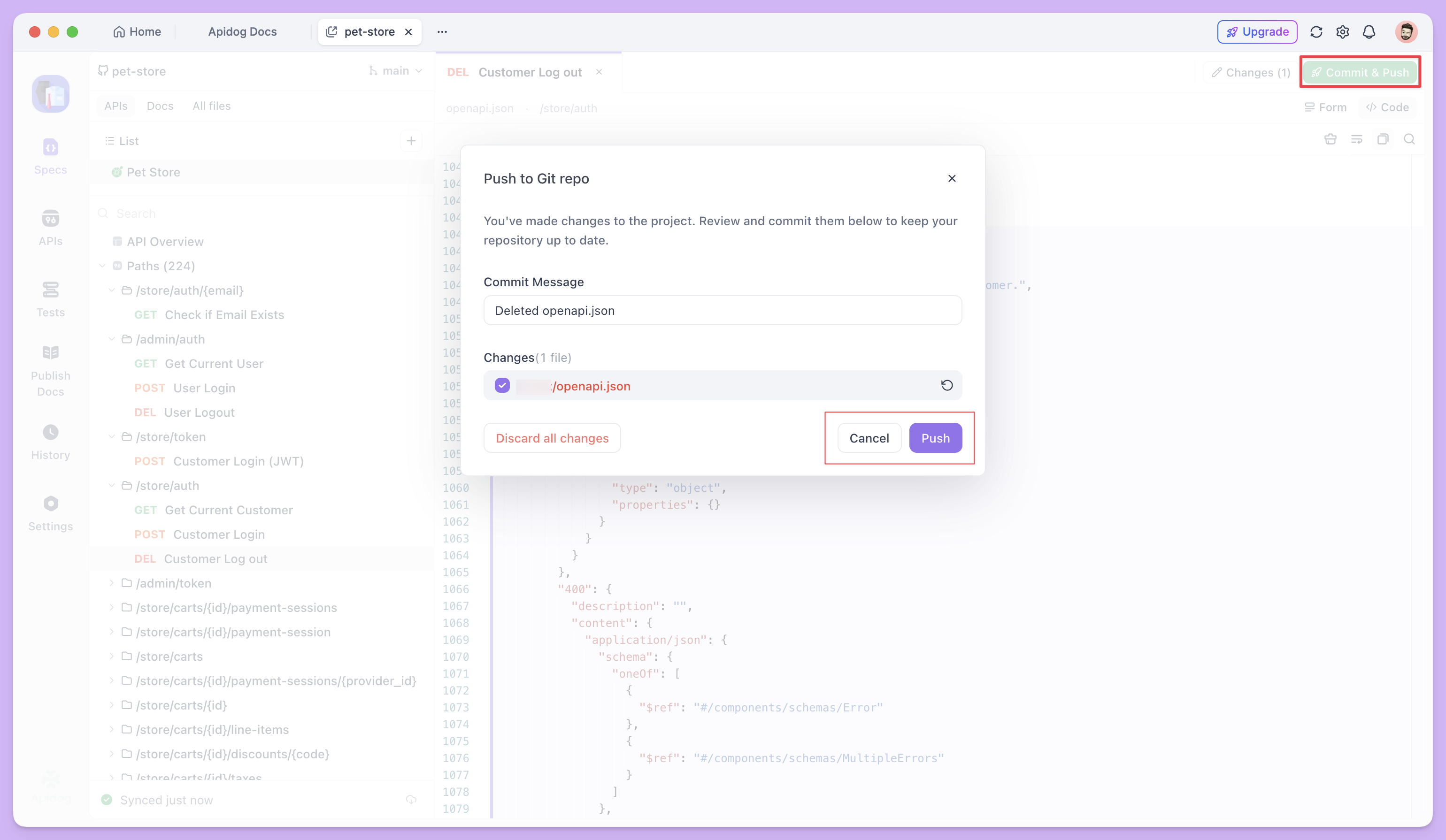 หน้าจอ Commit & Push ใน Apidog พร้อมแสดงการเปลี่ยนแปลง YAML
