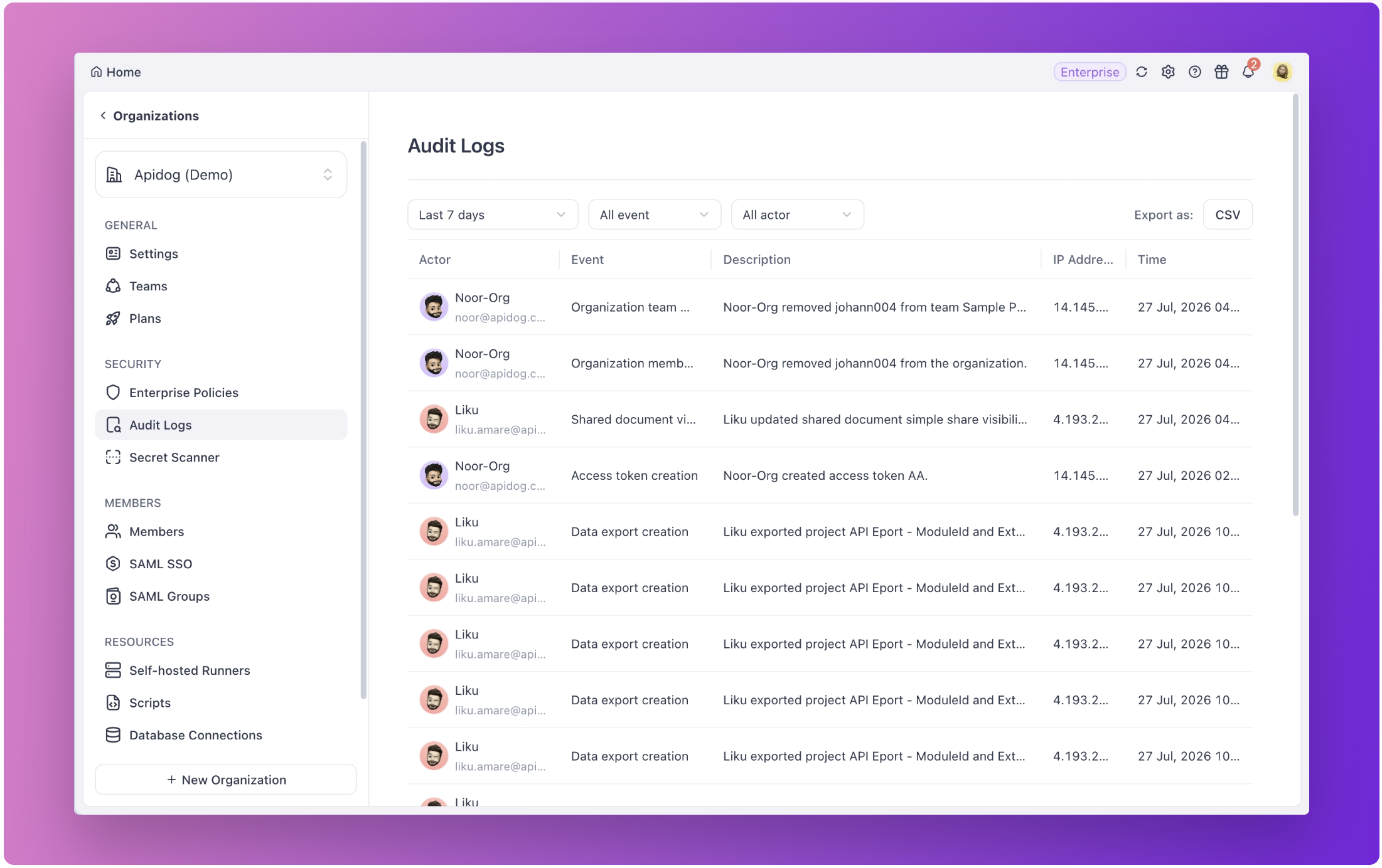 Apidog Enterprise Audit Logs interface