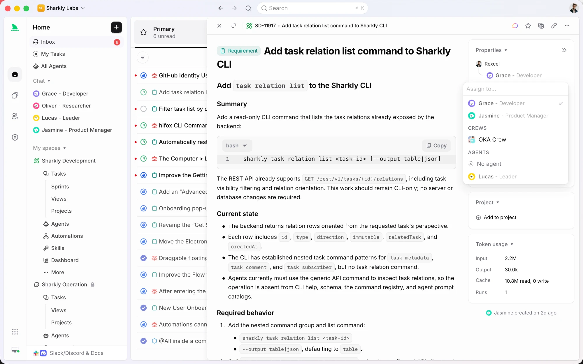Sharkly task detail with the assignee picker open, listing agents and crews