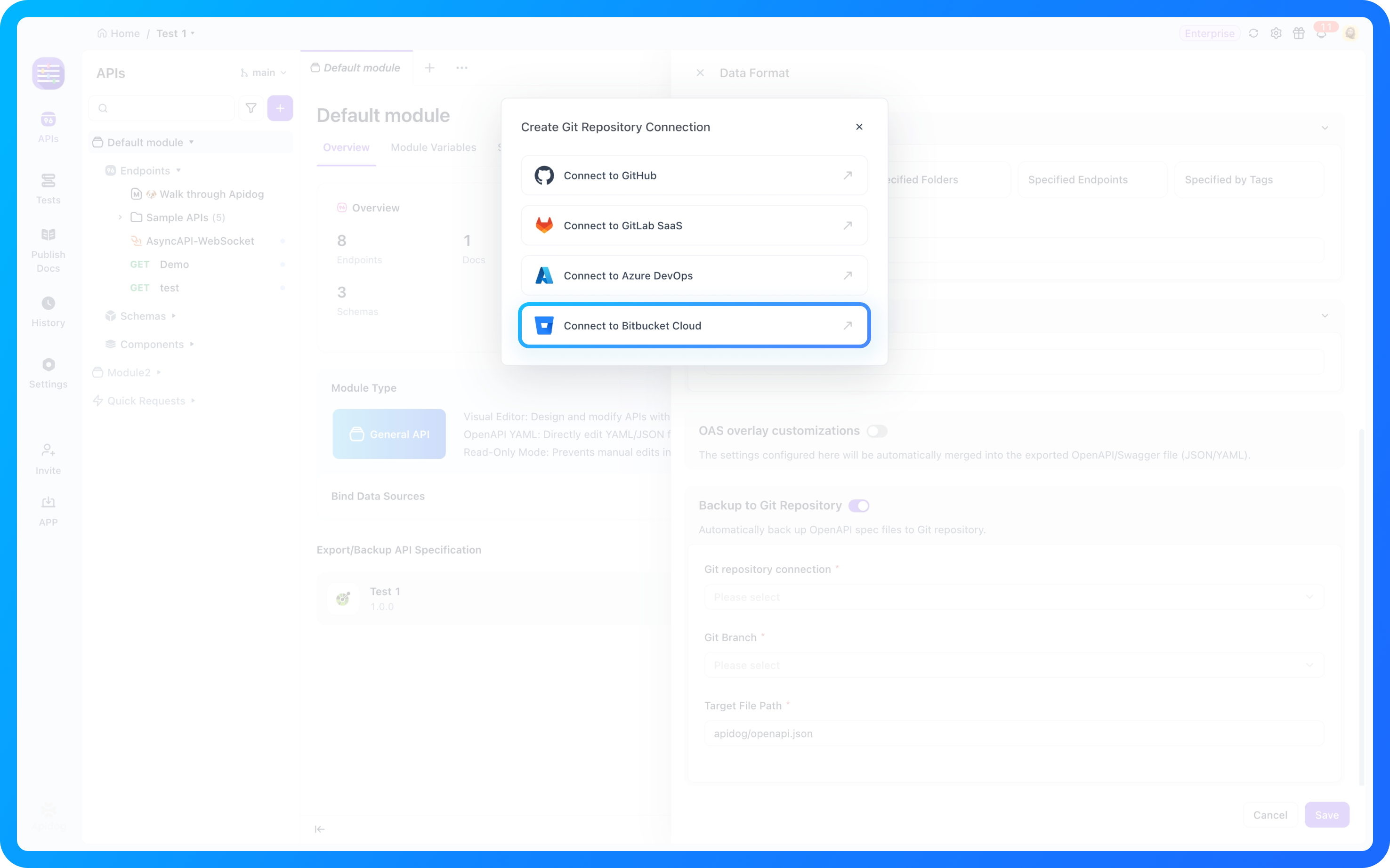 Create Git Repository Connection dialog with Connect to Bitbucket Cloud selected
