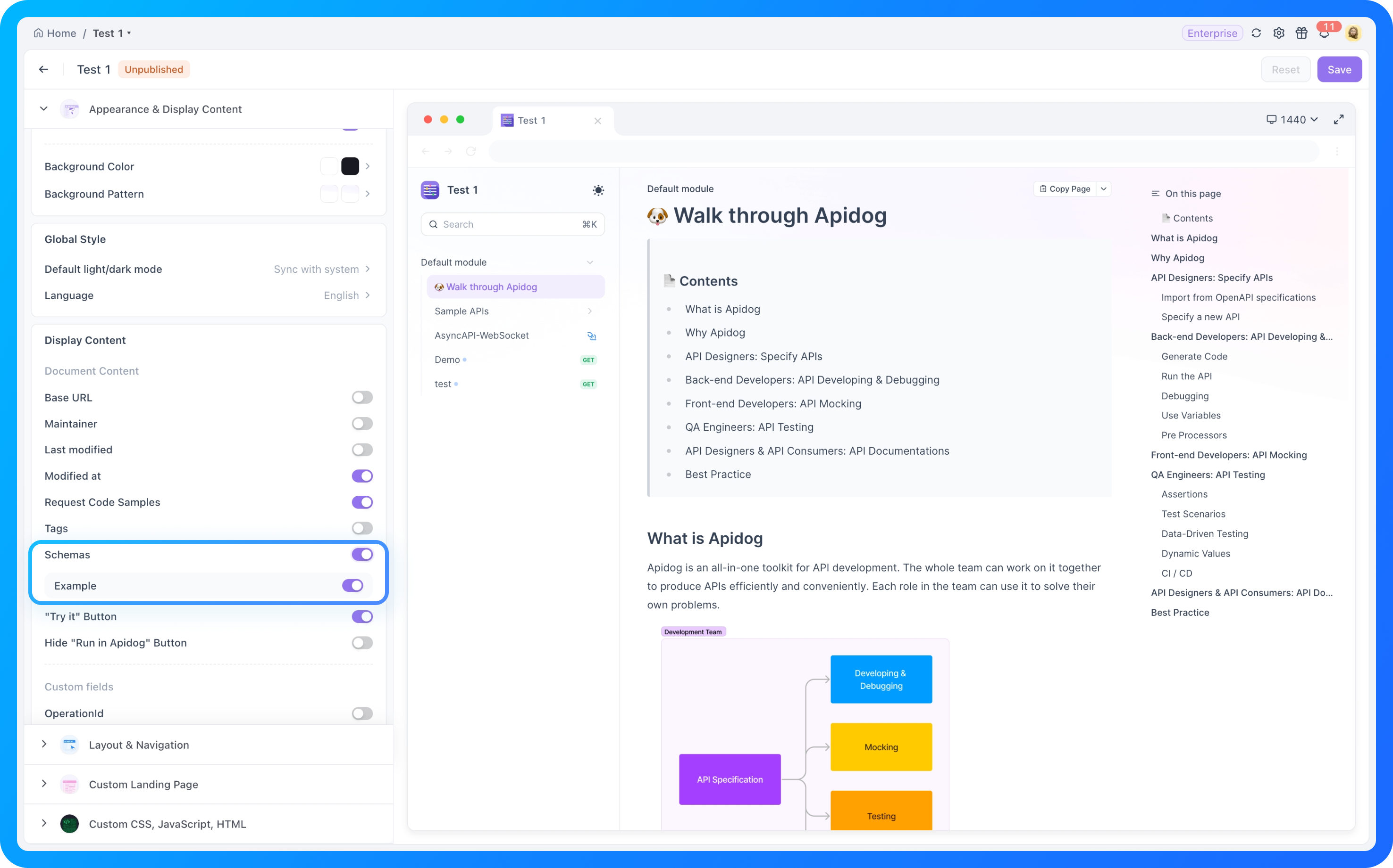 Docs appearance settings with Schemas and Example enabled