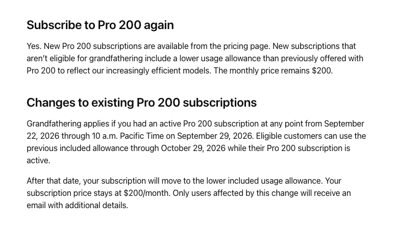 OpenAI Help Center: Pro 200 grandfathering window and lower allowance after October 29