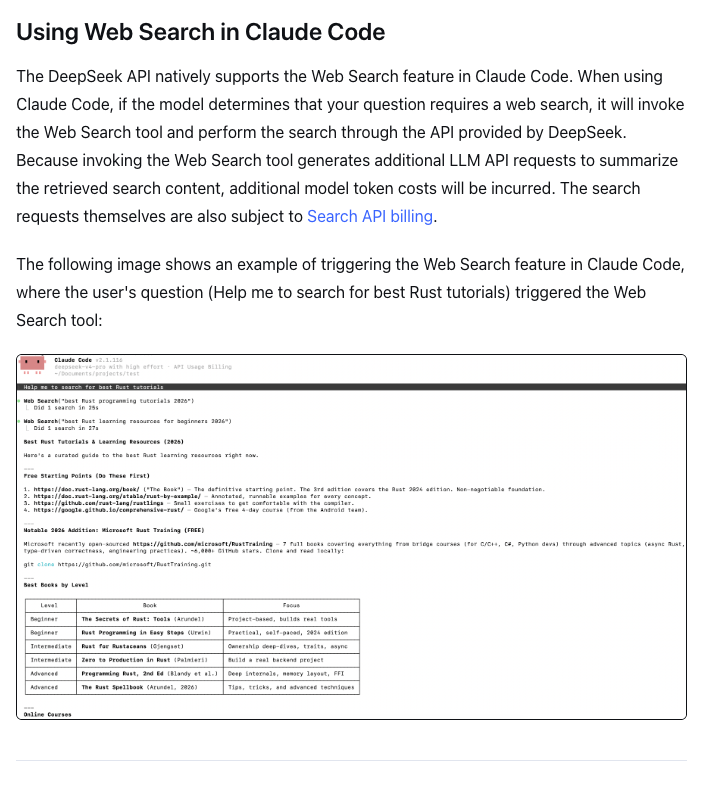 DeepSeek's Claude Code guide: Web Search runs through the DeepSeek API and is billed at Search API pricing