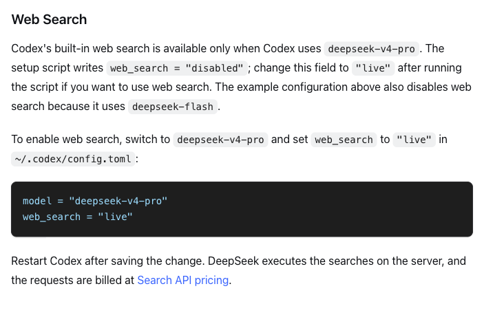 DeepSeek's Codex guide: web search needs deepseek-v4-pro and web_search set to live