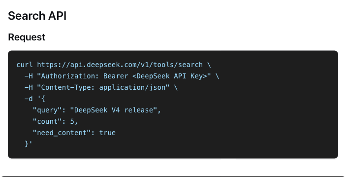 DeepSeek Search API request example: POST /v1/tools/search with query, count and need_content, from DeepSeek's docs