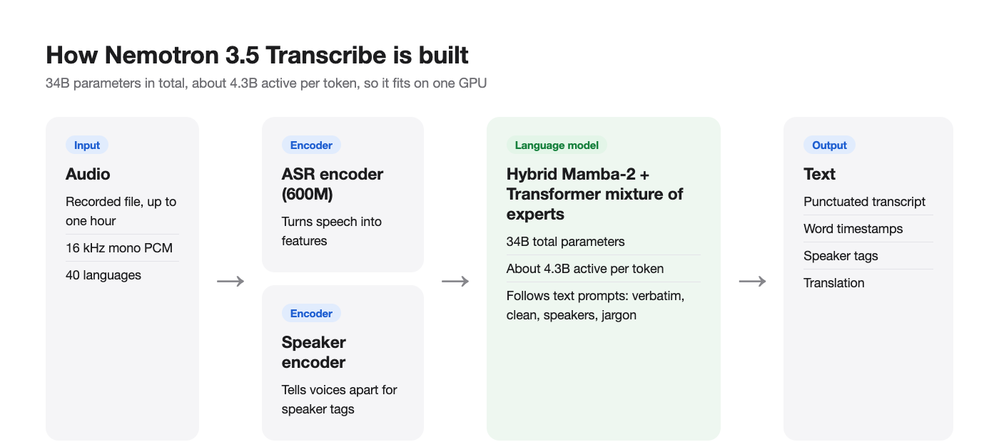Architecture diagram of Nemotron 3.5 Transcribe: audio feeds a 600M ASR encoder and a speaker encoder, which feed a hybrid Mamba-2 and Transformer mixture-of-experts language model with 34B total and about 4.3B active parameters
