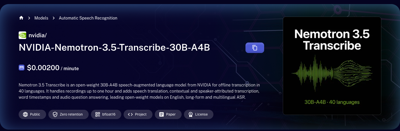 Screenshot of the DeepInfra model page for NVIDIA-Nemotron-3.5-Transcribe-30B-A4B showing the $0.00200 per minute price and the Zero retention badge